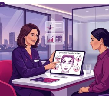 رسم توضيحي عصري لعيادة طبية متخصصة تشرح تقنيات زراعة شعر الحواجب فى مصر بأسلوب فيكتور راقي 