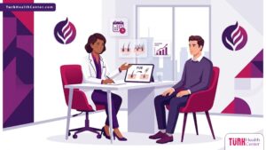 رسم توضيحي يظهر طبيباً يشرح للمريض تفاصيل عملية زراعة الشعر بتقنية FUE داخل عيادة فاخرة 