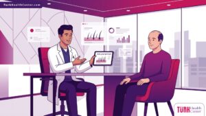 طبيب متخصص يشرح خيارات علاج الصلع الوراثي للرجال لمريض في عيادة طبية حديثة 