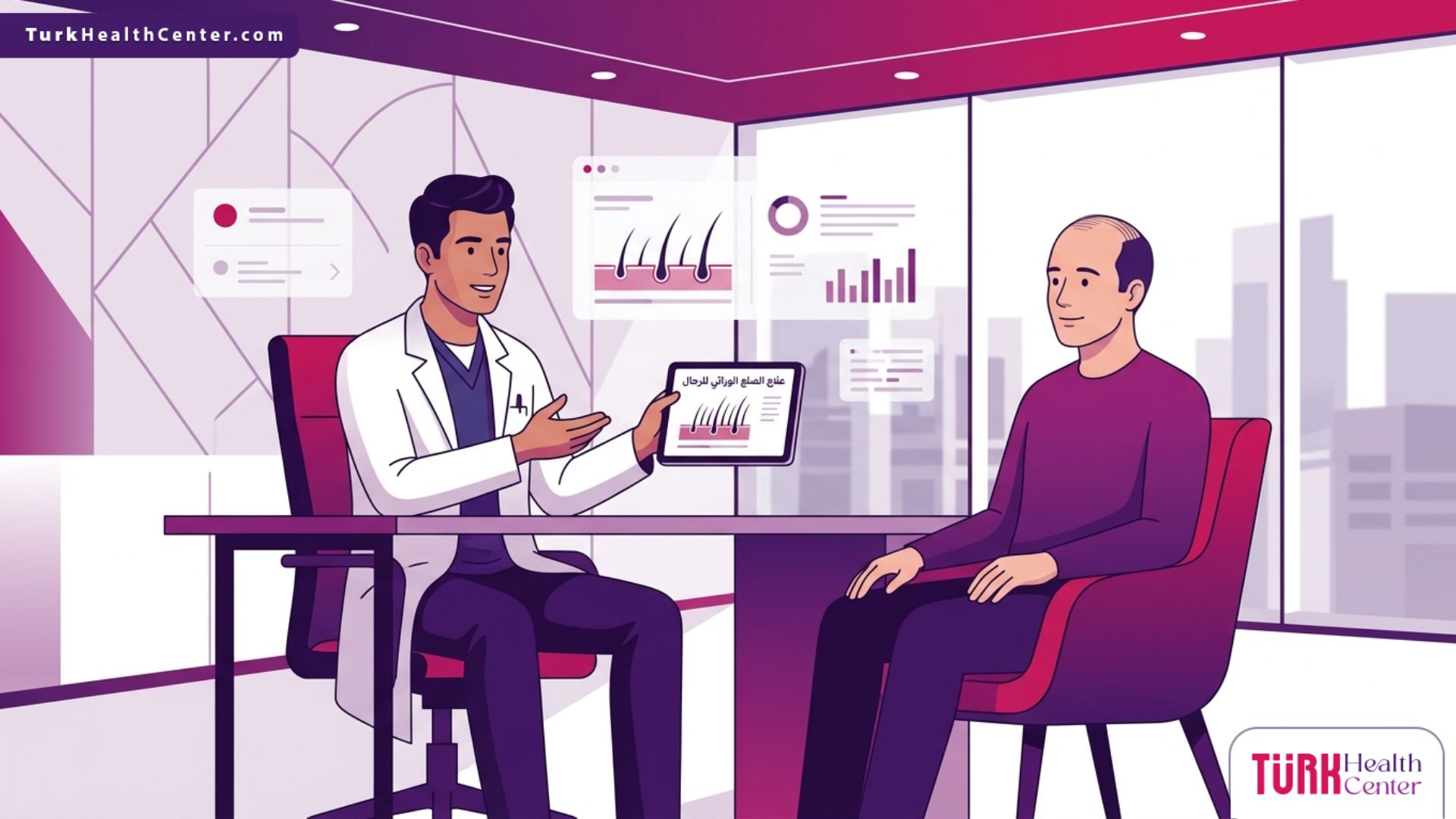 طبيب متخصص يشرح خيارات علاج الصلع الوراثي للرجال لمريض في عيادة طبية حديثة 