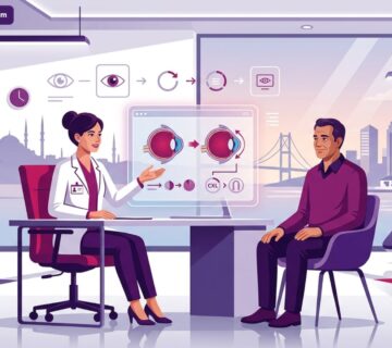 رسم توضيحي يظهر طبيب عيون يشرح للمريض خطوات علاج القرنية المخروطية في تركيا داخل عيادة طبية فاخرة 