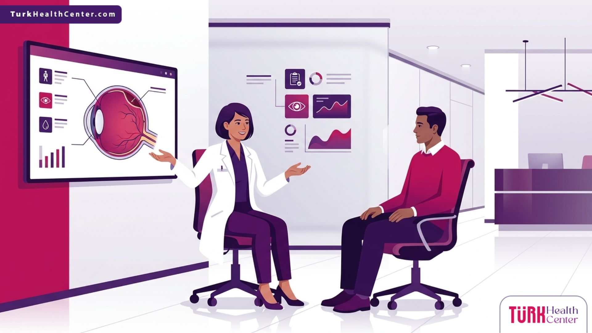 رسم توضيحي متجهي فاخر لعيادة طبية حديثة يشرح فيها الطبيب تفاصيل علاج انفصال الشبكية في تركيا لمريض مطمئن