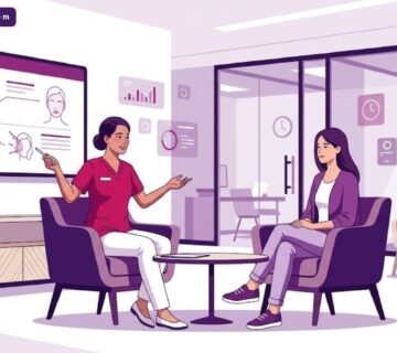 رسم توضيحي عصري لطبيب يشرح خطوات علاج تجويف تحت العين في تركيا داخل عيادة فاخرة بألوان البنفسجي والمجنتيا 