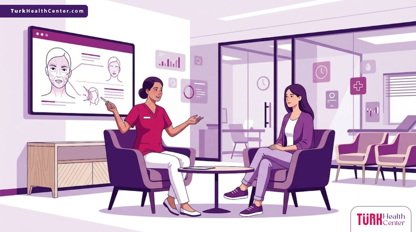 رسم توضيحي عصري لطبيب يشرح خطوات علاج تجويف تحت العين في تركيا داخل عيادة فاخرة بألوان البنفسجي والمجنتيا 