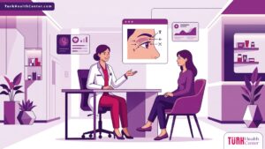 رسم توضيحي طبي لعيادة فاخرة تظهر طبيباً يشرح خطوات علاج تشنج الجفن بالحقن في تركيا لمريض يشعر بالراحة 