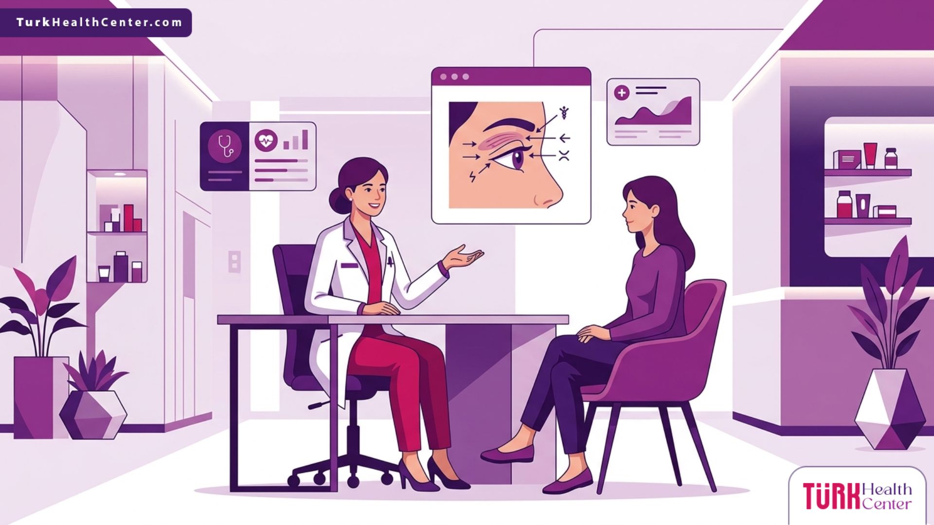رسم توضيحي طبي لعيادة فاخرة تظهر طبيباً يشرح خطوات علاج تشنج الجفن بالحقن في تركيا لمريض يشعر بالراحة 