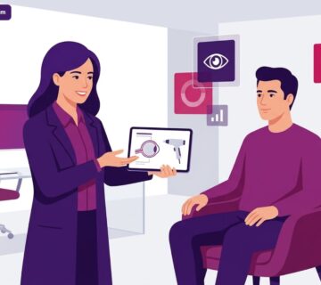 رسم توضيحي لطبيب يشرح خطوات علاج جفاف العين في تركيا لمريض في عيادة طبية حديثة 