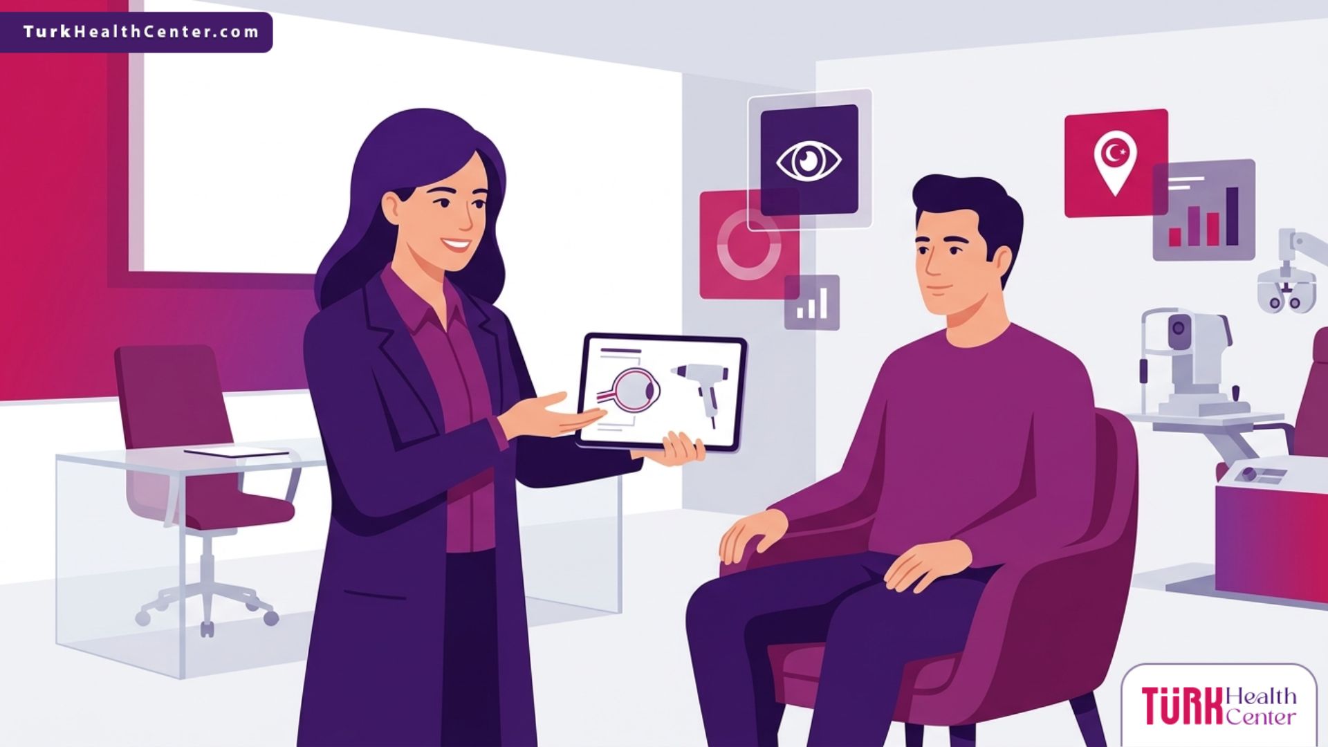 رسم توضيحي لطبيب يشرح خطوات علاج جفاف العين في تركيا لمريض في عيادة طبية حديثة 