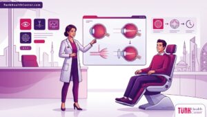 رسم توضيحي يظهر طبيب عيون يشرح تفاصيل علاج طول النظر Hyperopia في تركيا لمريض داخل عيادة حديثة 