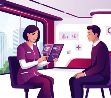 رسم توضيحي لعيادة طبية حديثة وطبيب عيون يشرح خطوات علاج قصر النظر Myopia في تركيا للمريض 