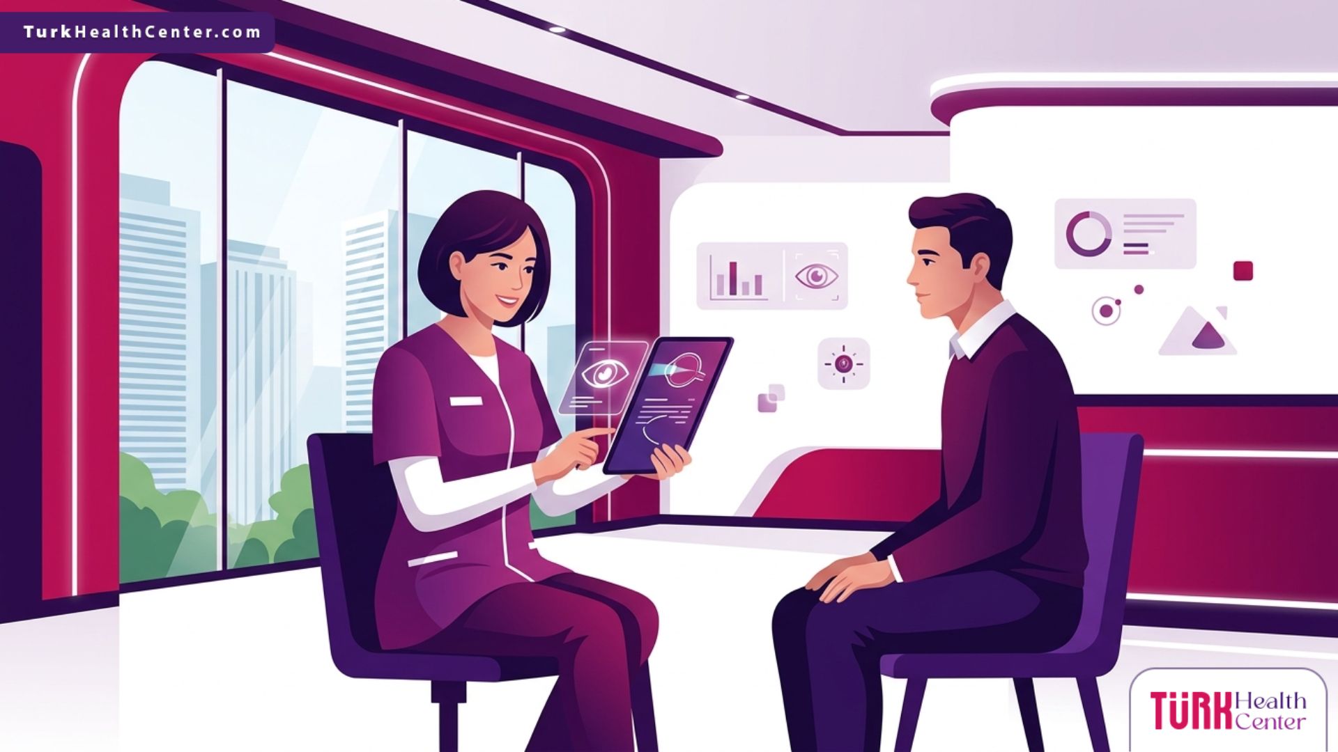 رسم توضيحي لعيادة طبية حديثة وطبيب عيون يشرح خطوات علاج قصر النظر Myopia في تركيا للمريض