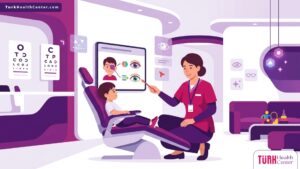 رسم توضيحي لطبيب عيون يشرح طرق علاج كسل العين عند الأطفال في تركيا لطفل داخل عيادة حديثة 