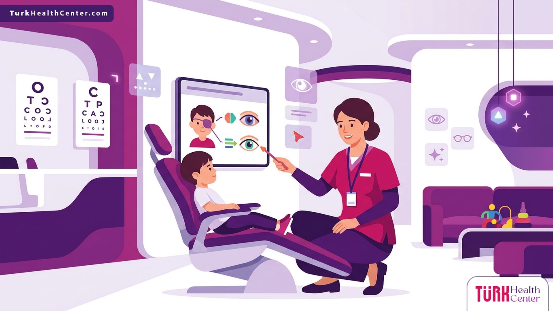 رسم توضيحي لطبيب عيون يشرح طرق علاج كسل العين عند الأطفال في تركيا لطفل داخل عيادة حديثة