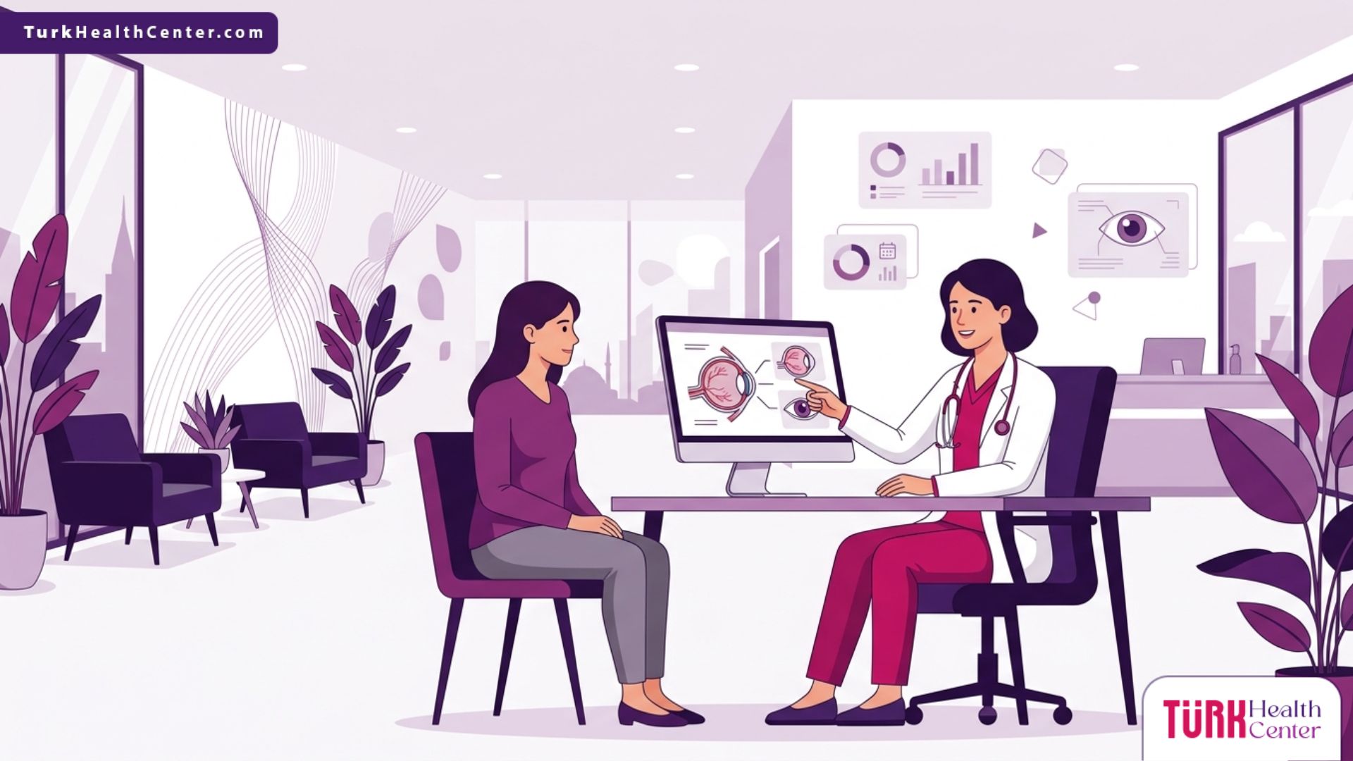رسم فيكتور يوضح طبيب عيون يشرح تفاصيل عمليات الحول في تركيا لمريض داخل عيادة طبية حديثة 