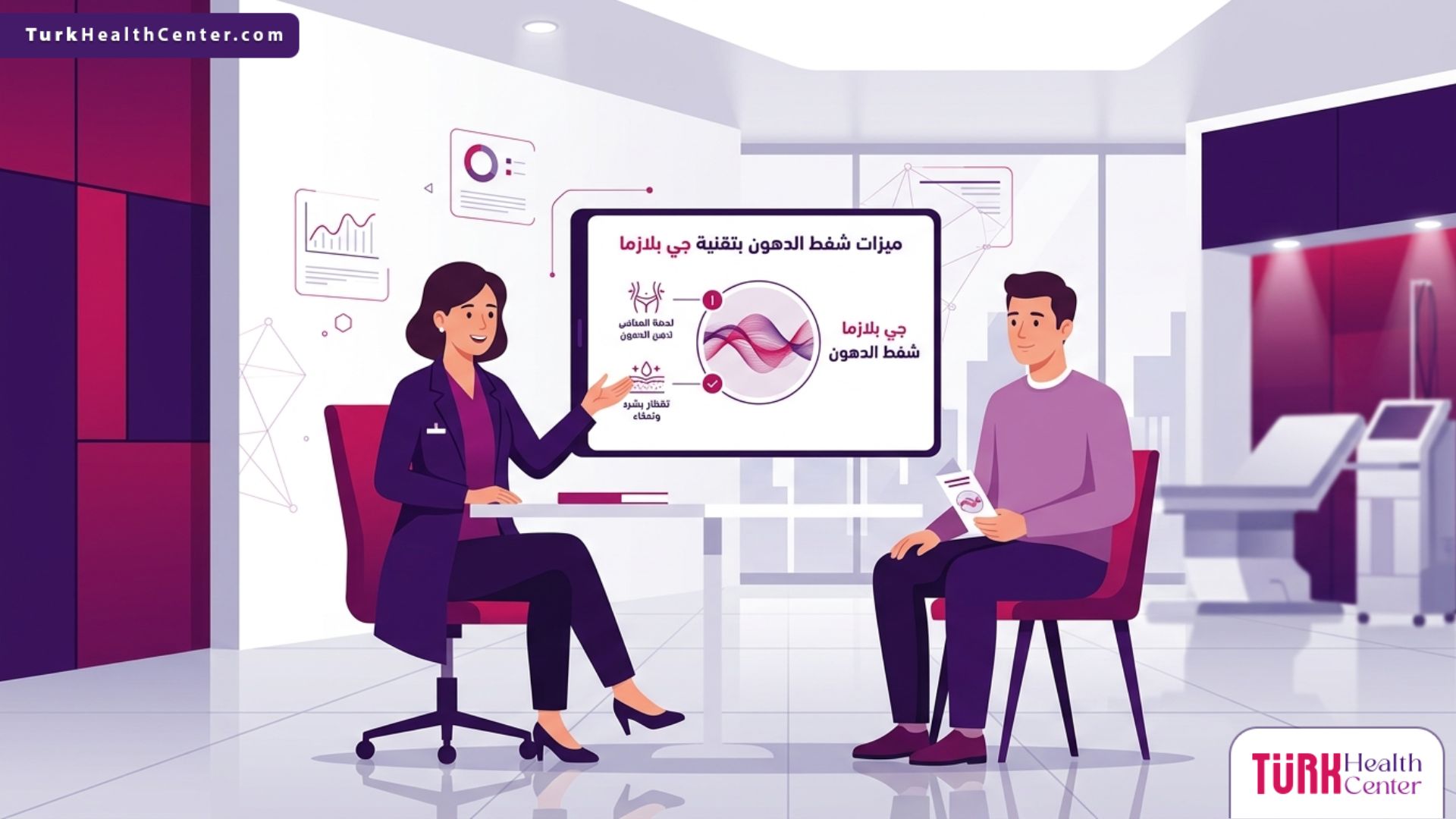 رسم توضيحي طبي لعيادة حديثة يظهر طبيباً يشرح ميزات شفط الدهون بتقنية جي بلازما للمريض 