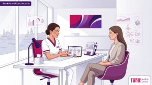 رسم توضيحي يظهر طبيباً يشرح خطوات تقنية الأكسجينيو في تركيا لمريضة داخل عيادة تجميل حديثة 