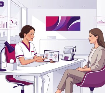 رسم توضيحي يظهر طبيباً يشرح خطوات تقنية الأكسجينيو في تركيا لمريضة داخل عيادة تجميل حديثة 