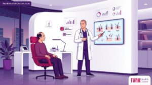 رسم توضيحي يظهر طبيباً يشرح تفاصيل عمليات زراعة الشعر في تركيا لمريض داخل عيادة طبية حديثة وفاخرة 