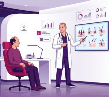 رسم توضيحي يظهر طبيباً يشرح تفاصيل عمليات زراعة الشعر في تركيا لمريض داخل عيادة طبية حديثة وفاخرة 