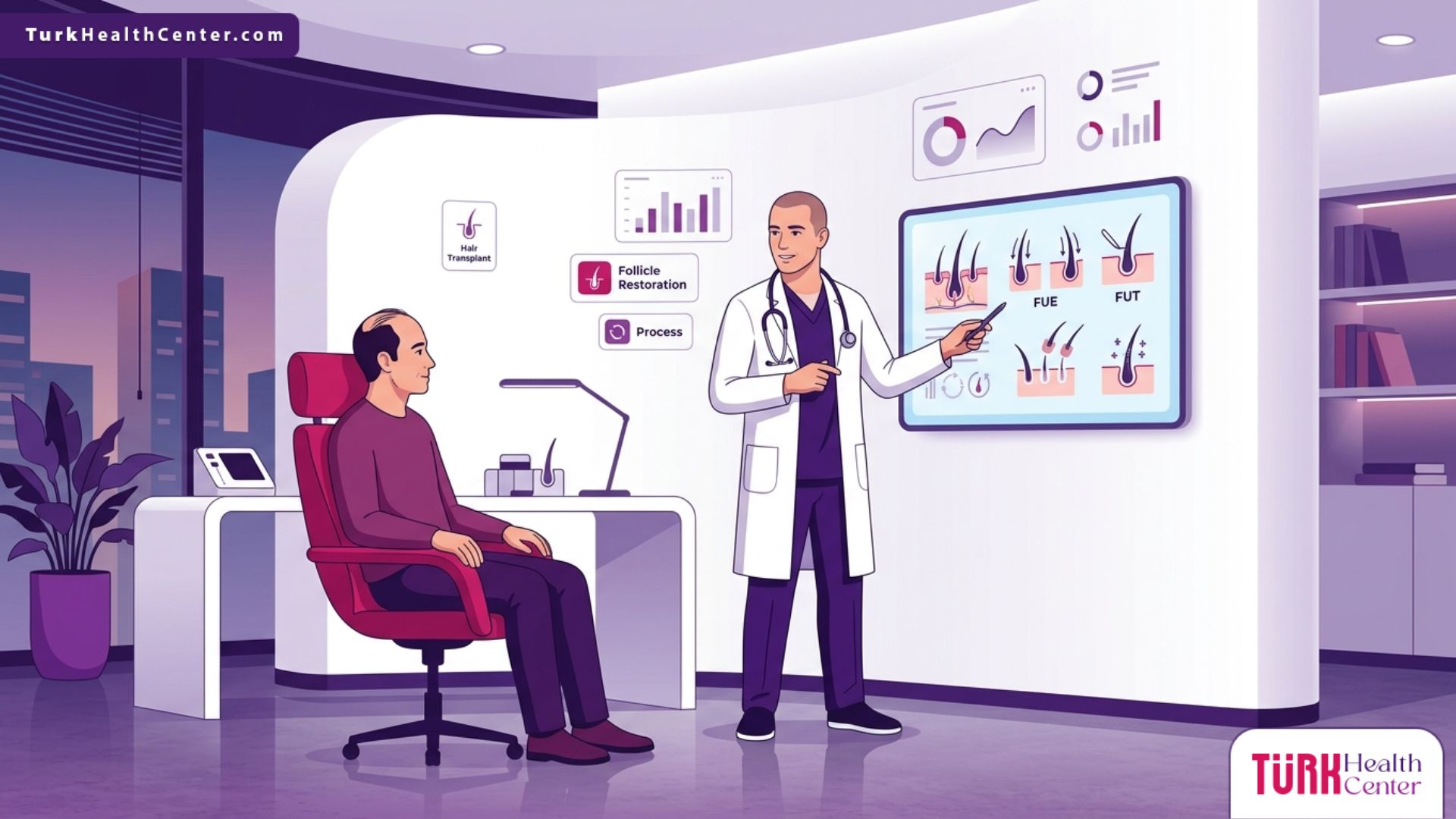 رسم توضيحي يظهر طبيباً يشرح تفاصيل عمليات زراعة الشعر في تركيا لمريض داخل عيادة طبية حديثة وفاخرة 