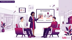 طبيب متخصص يشرح تفاصيل عمليات زراعة الشعر في تركيا بالاقتطاف FUE لمريض داخل عيادة طبية حديثة وفخمة 