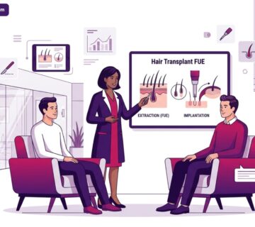 طبيب متخصص يشرح تفاصيل عمليات زراعة الشعر في تركيا بالاقتطاف FUE لمريض داخل عيادة طبية حديثة وفخمة 