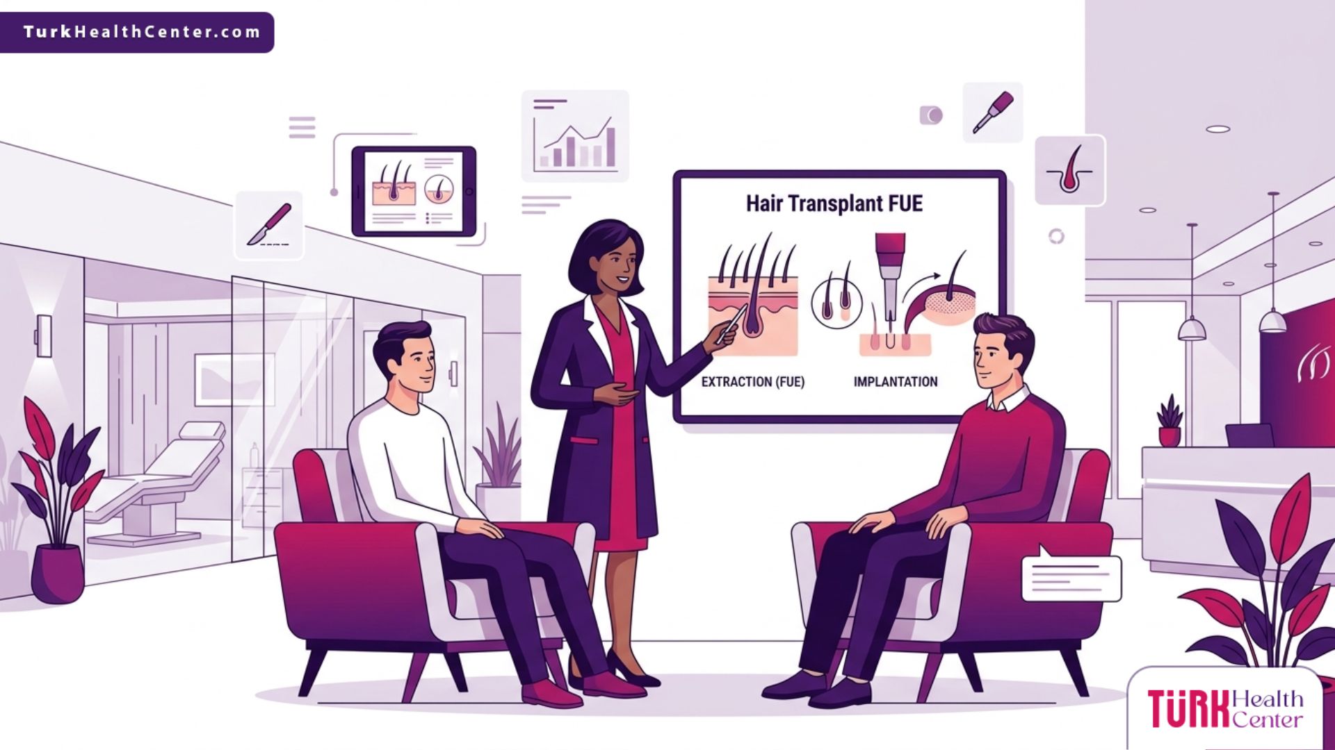 طبيب متخصص يشرح تفاصيل عمليات زراعة الشعر في تركيا بالاقتطاف FUE لمريض داخل عيادة طبية حديثة وفخمة 