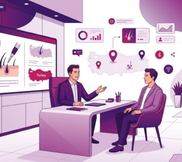 رسم توضيحي طبي فاخر يشرح خطوات عمليات زراعة الشعر في تركيا بتقنية DHI في عيادة حديثة 