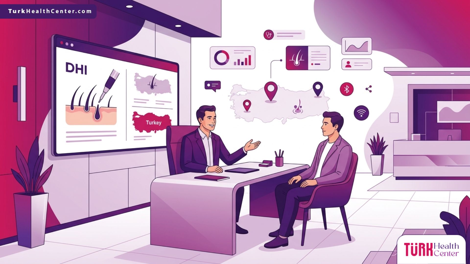 رسم توضيحي طبي فاخر يشرح خطوات عمليات زراعة الشعر في تركيا بتقنية DHI في عيادة حديثة 