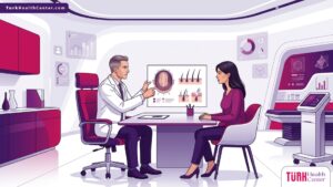 رسم توضيحي لعيادة طبية حديثة يشرح فيها طبيب خطوات وإجراءات عمليات زرع الشعر الفاشلة وتصحيحها لمريض براحة تامة 