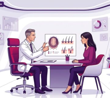 رسم توضيحي لعيادة طبية حديثة يشرح فيها طبيب خطوات وإجراءات عمليات زرع الشعر الفاشلة وتصحيحها لمريض براحة تامة 