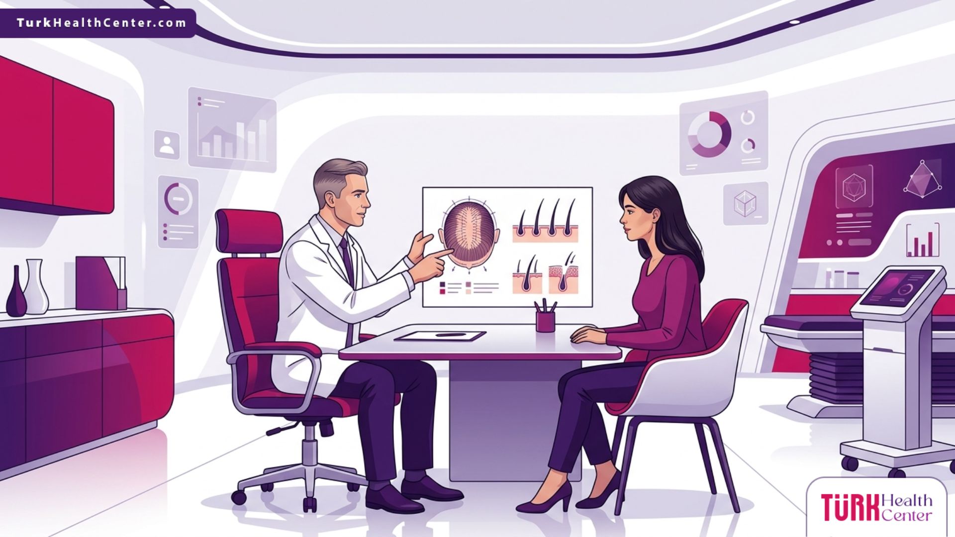 رسم توضيحي لعيادة طبية حديثة يشرح فيها طبيب خطوات وإجراءات عمليات زرع الشعر الفاشلة وتصحيحها لمريض براحة تامة 