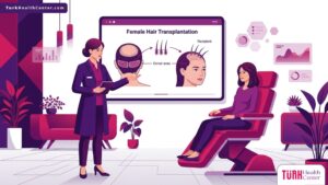 رسم توضيحي متقدم لطبيب يشرح خطوات عمليات زرع الشعر للسيدات داخل عيادة طبية حديثة 