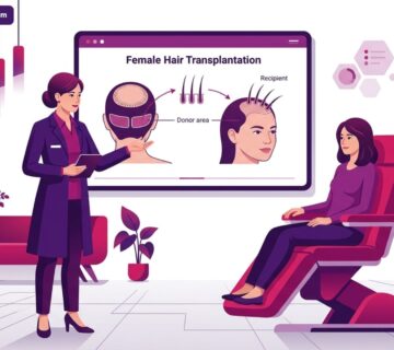 رسم توضيحي متقدم لطبيب يشرح خطوات عمليات زرع الشعر للسيدات داخل عيادة طبية حديثة 