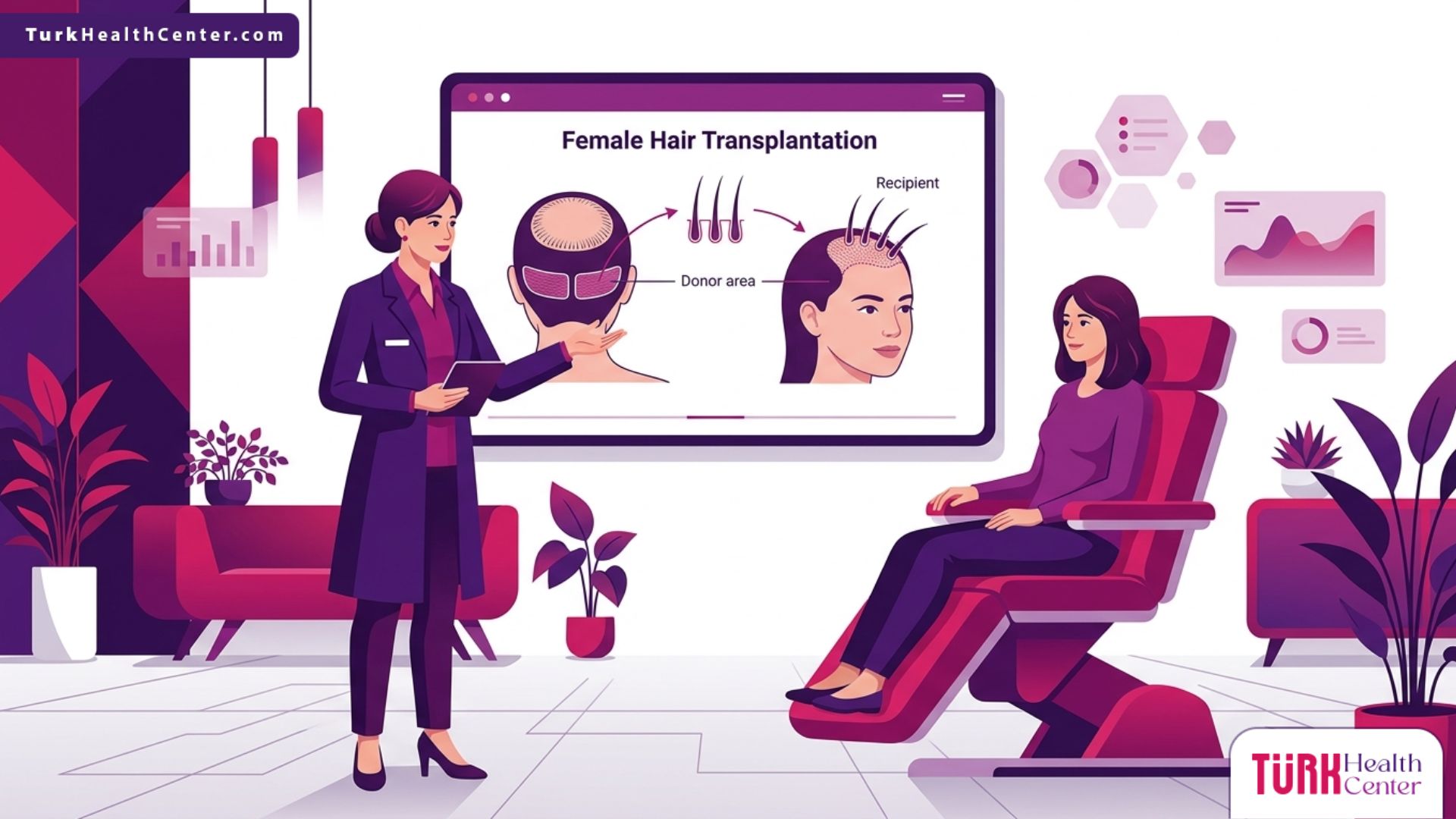 رسم توضيحي متقدم لطبيب يشرح خطوات عمليات زرع الشعر للسيدات داخل عيادة طبية حديثة 