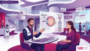 رسم توضيحي لعيادة طبية حديثة يظهر طبيباً يشرح تفاصيل عمليات ضغط العين في تركيا للمريض 