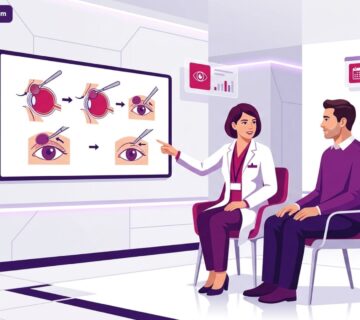 رسم توضيحي يظهر طبيباً يشرح تفاصيل عملية إزالة الأكياس الدهنية من العين لمريض في عيادة فاخرة 