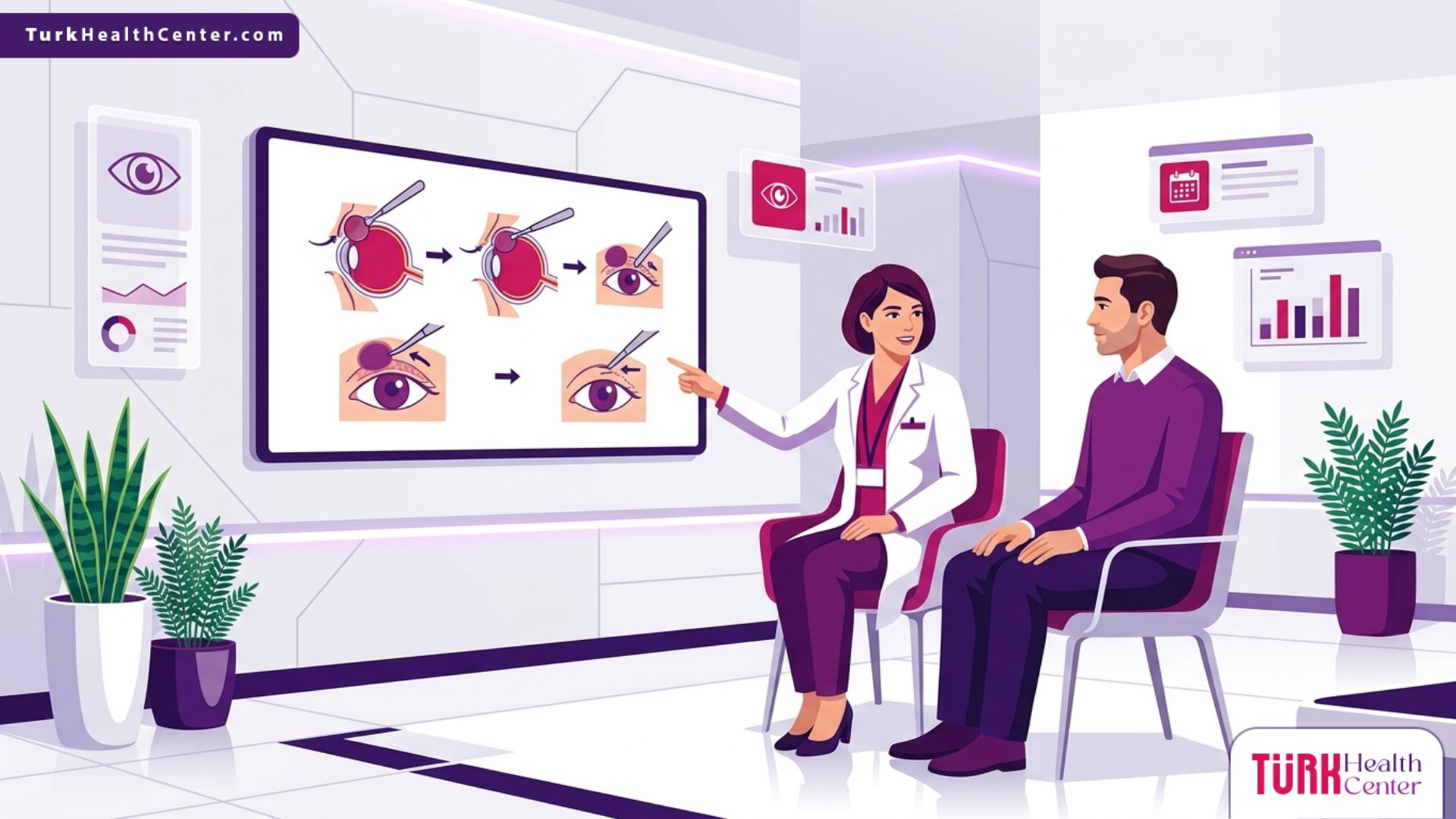 رسم توضيحي يظهر طبيباً يشرح تفاصيل عملية إزالة الأكياس الدهنية من العين لمريض في عيادة فاخرة 