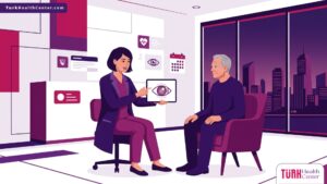 رسم توضيحي لعيادة طبية حديثة يشرح فيها الطبيب خطوات عملية إزالة الساد في تركيا للمريض 