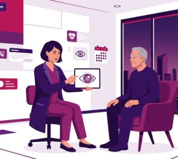 رسم توضيحي لعيادة طبية حديثة يشرح فيها الطبيب خطوات عملية إزالة الساد في تركيا للمريض 