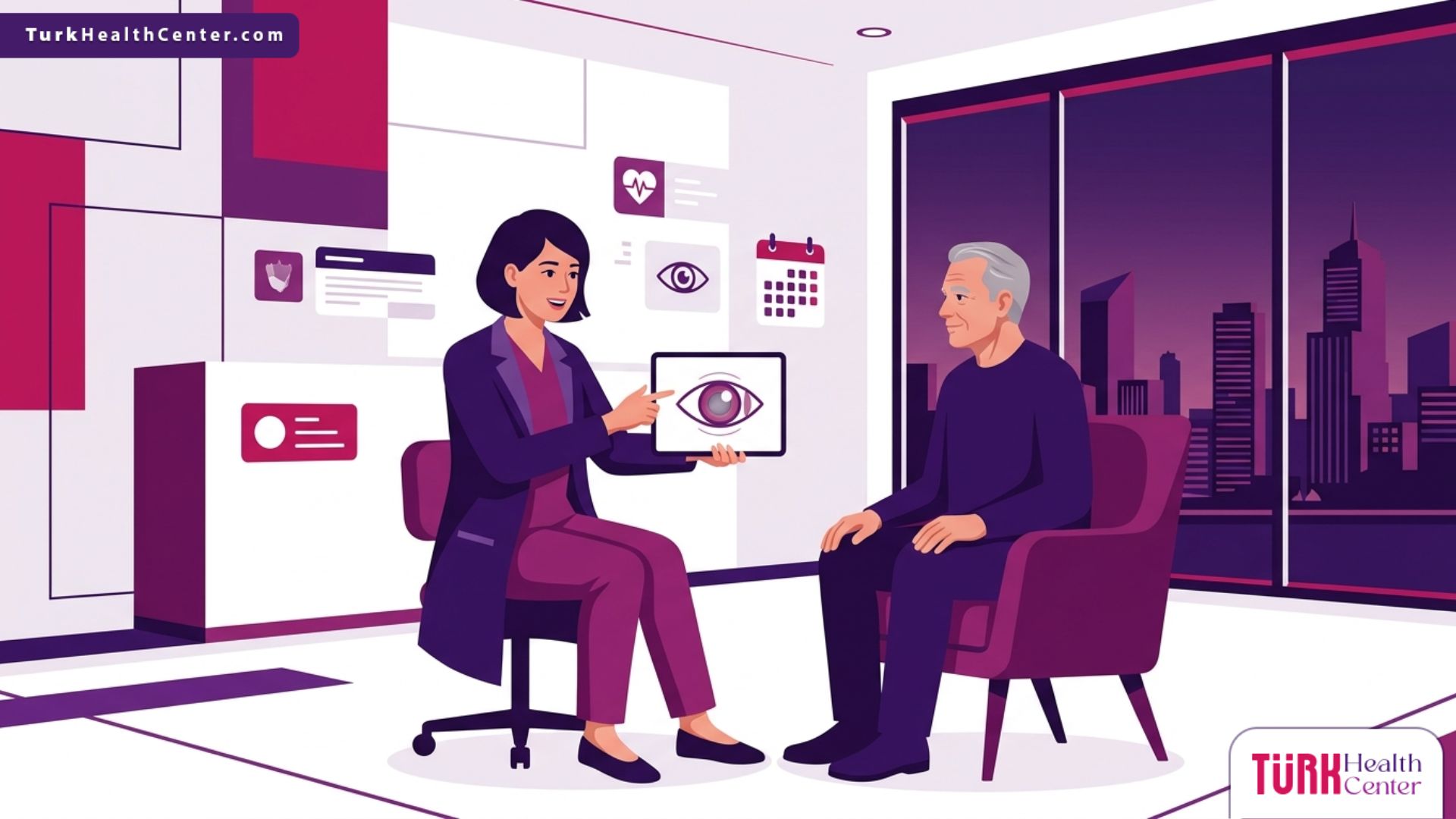 رسم توضيحي لعيادة طبية حديثة يشرح فيها الطبيب خطوات عملية إزالة الساد في تركيا للمريض 