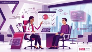 رسم توضيحي متجهي فاخر لطبيب عيون يشرح تفاصيل عملية إزالة الظفرة من العين لمريض داخل عيادة طبية حديثة 