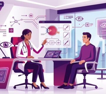 رسم توضيحي متجهي فاخر لطبيب عيون يشرح تفاصيل عملية إزالة الظفرة من العين لمريض داخل عيادة طبية حديثة 