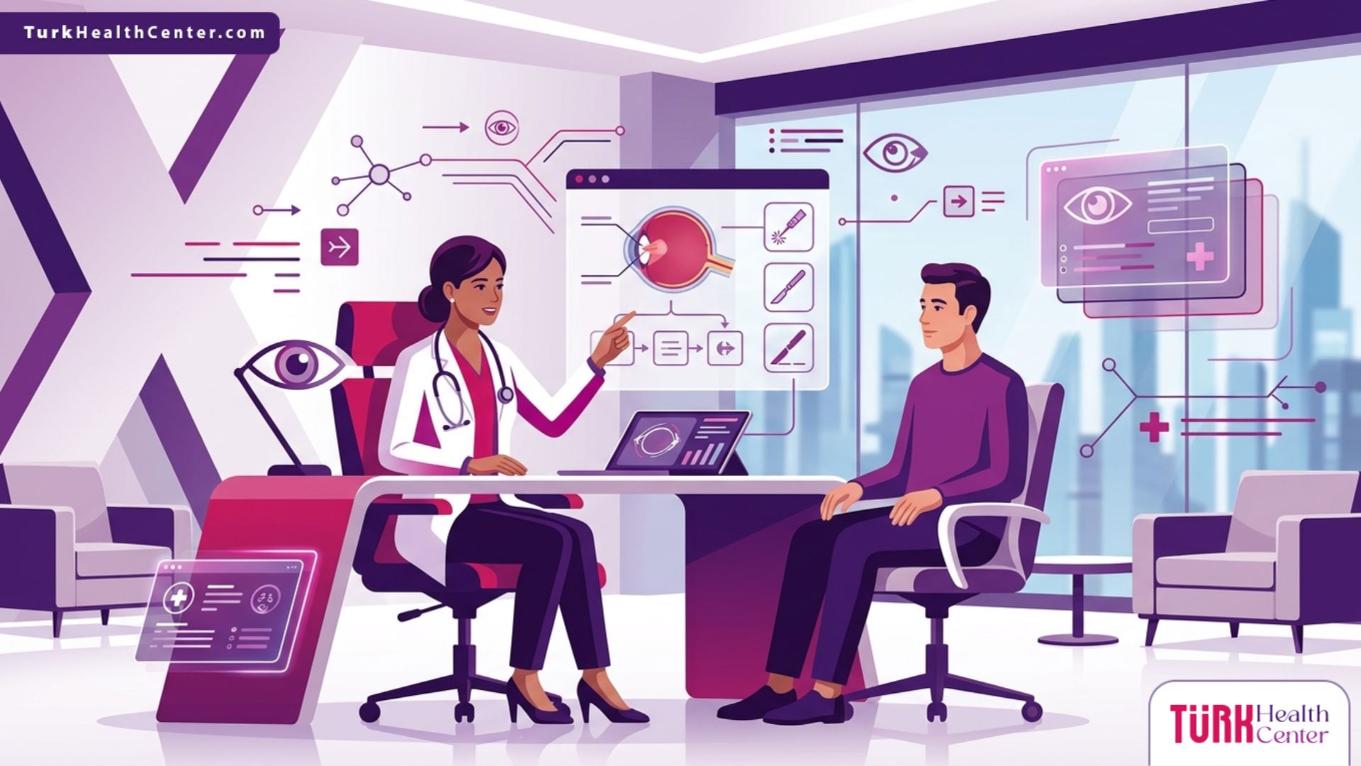 رسم توضيحي متجهي فاخر لطبيب عيون يشرح تفاصيل عملية إزالة الظفرة من العين لمريض داخل عيادة طبية حديثة 