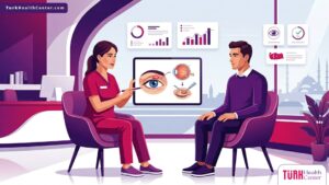 رسم توضيحي عصري يظهر طبيب يشرح تفاصيل عملية إزالة ورم الجفن في تركيا لمريض داخل عيادة فاخرة 