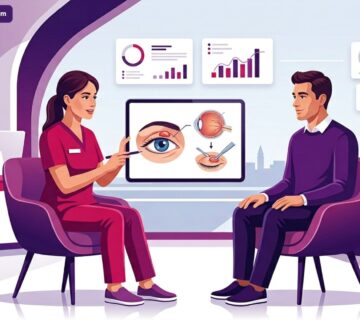 رسم توضيحي عصري يظهر طبيب يشرح تفاصيل عملية إزالة ورم الجفن في تركيا لمريض داخل عيادة فاخرة 