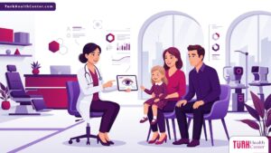 رسم توضيحي طبي فاخر لطبيب يشرح تفاصيل عملية ارتخاء الجفن عند الأطفال لعائلة داخل عيادة حديثة 