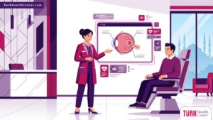 رسم توضيحي لعيادة طب العيون يبرز تفاصيل عملية الثقب البقعي في تركيا