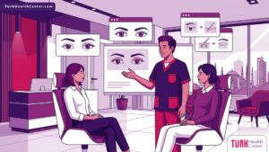 رسم توضيحي لعيادة طبية فاخرة تشرح تفاصيل عملية الجفن المبطن في تركيا