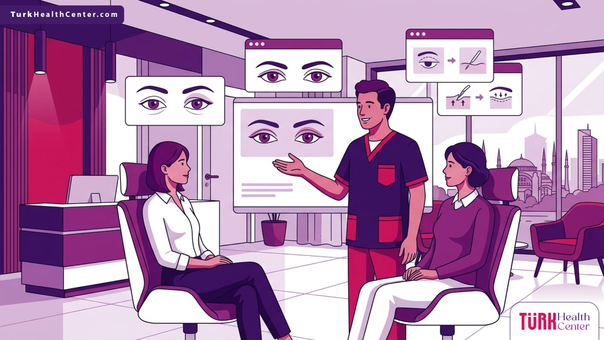 رسم توضيحي لعيادة طبية فاخرة تشرح تفاصيل عملية الجفن المبطن في تركيا